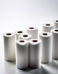 Group of white toilet paper rolls on a white surface