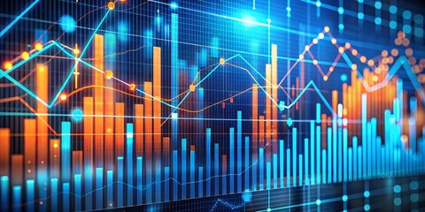 Naklejka premium Abstract Financial Data Visualization with Blue and Orange Glowing Lines, Charts and Graphs, Financial Data, Stock Market, Data Analytics