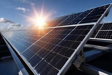 The image of a solar panel with a sunny and blue sky background represents the concept of clean energy derived from natural sources