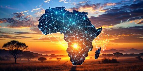 Fototapeta na wymiar Africa at Sunrise Connected Continent, Silhouette, Sunset, Network, Technology, Growth ,africa