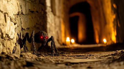 A creepy spider is standing in a dark room. Generated using AI.