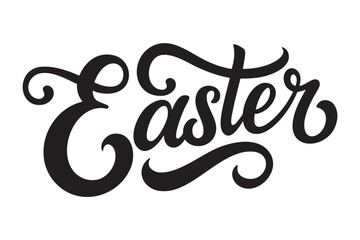 Stylized 'Easter' in ornate black script font with flowing flourishes on white. Festive, decorative design for holiday cards, invitations, social media. Elegant cursive movement, celebratory theme.