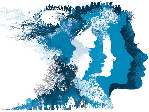 Woman's silhouette in winter snow evokes a European country's shape on the world map Illustration of faces in profile with building and figures silhouettes.