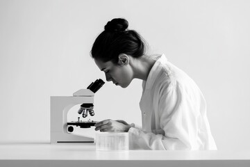 A woman in a lab coat meticulously examines a specimen under a microscope, engrossed in scientific research.