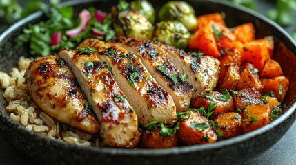 A healthy and balanced meal of grilled chicken breast, sweet potatoes, Brussels sprouts, rice, and mixed greens in a bowl