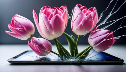 pink tulip on laptop