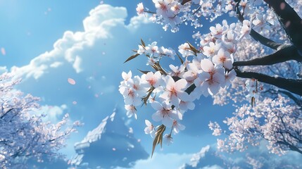 Cherry blossoms in full bloom, delicate petals against vibrant blue sky, serene natural beauty, springtime tranquility
