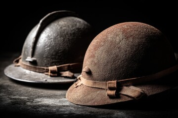 Obraz premium A captivating close-up of two aged military helmets, showcasing their vintage texture and historical significance against a dark and mysterious backdrop.