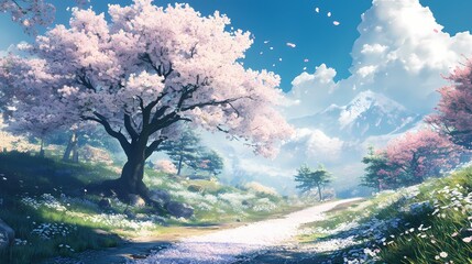 Cherry blossoms in bloom, serene path, lush landscape, vibrant skies, tranquil escape, nature's harmony.