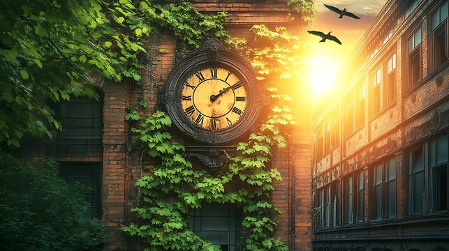Sunlit, ivy-covered clock on old brick building