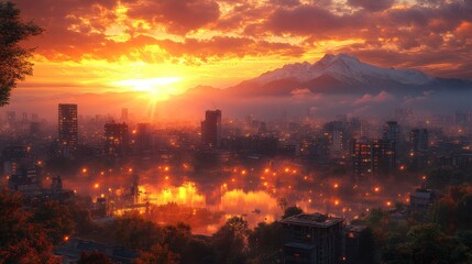 Obraz premium Fiery Sunset over Cityscape and Lake with Mountain Background