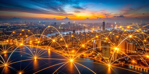Fototapeta premium Cityscape with glowing network connections, showcasing a vibrant urban scene lit by the sunset, connecting lights, aerial view, network, cityscape, urban