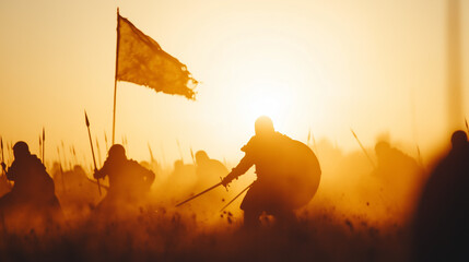 Epic Battle in Ancient Times with Soldiers Charging Under a Red Flag