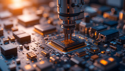 Close-up of semiconductor manufacturing with precision machinery and microchips, symbolizing advanced technology and electronics production.