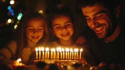 A menorah with all candles lit, a family gathered around for Hanukkah prayers --ar 16:9 --v 6.1 Job ID: 14fce637-680c-496c-a394-0a2f0efe98fe