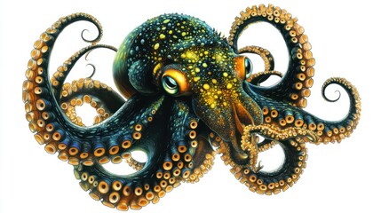 Obraz premium Vibrant octopus illustration with intricate details showcasing its tentacles and colorful skin. A striking image of a cephalopod with various shades of blue, gold, and yellow