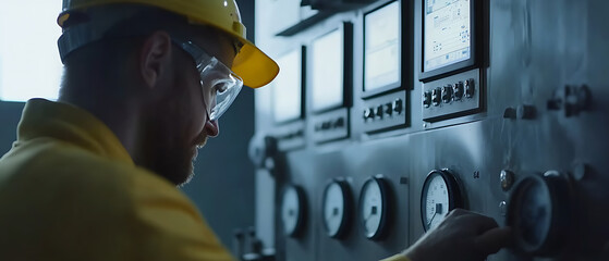 Natural gas plant operator adjusting control panel settings. Featuring precision and safety