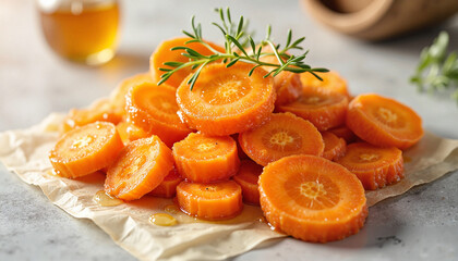 Carrot slices glistening with honey on marble countertop, healthy indulgence