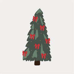 Christmas tree is decorated with red bows and stars. Merry Christmas. Happy New Year. Festive decoration single objects. Hand drawn vector illustration