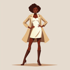 Stylish Black Woman in Beige Coat and White Dress