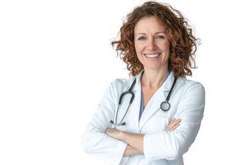 Fototapeta premium Portrait, doctor and smile of woman with arms crossed in studio isolated on a white background. Healthcare, face and mature female medical professional from Australia with confidence and happiness.