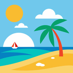 Simplified beach landscape with palm tree sailing boat and sun