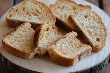 Naklejka premium Crispy Toasted Bread Slices on Wooden Board