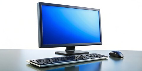 Fototapeta premium Computer Desktop with Blue Screen, Keyboard, and Mouse, Digital Technology, Desktop Computer, Computer Components
