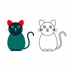 Cute cat icon in flat design with outline version isolated on white