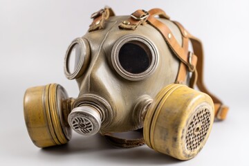 Close-up shot of an old, olive green gas mask with yellow filter on a white background, showcasing its vintage design and worn leather straps and buckles.