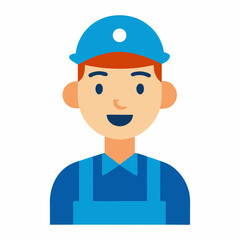 Vector illustration of smiling construction worker in blue hard hat and overalls
