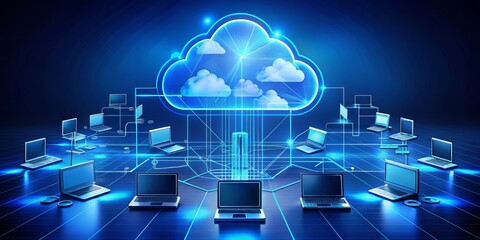 Connected Devices Cloud Computing Network, 3D Rendering, Blue Background, Data Security, Cloud Computing, Network Security