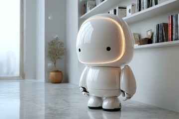 Friendly White Robot with Soft Lighting in a Modern Minimalist Room with Bookshelves and Potted Plant