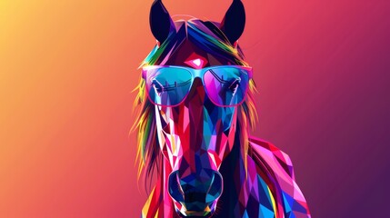 Colorful geometric horse wearing sunglasses against radiant background in a vibrant pop art vector style