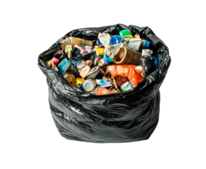 Black trash bag full of garbage, PNG
