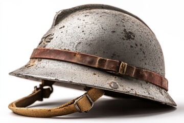 Studio shot of antique Adrian helmet, a First World War French infantry helmet, showcasing its historical significance and distinctive design on a white background.