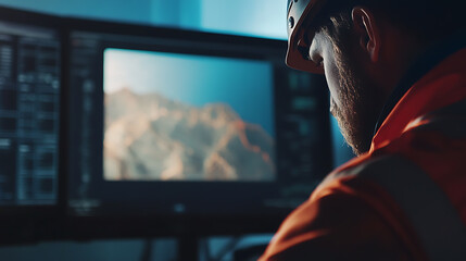 Offshore engineer analyzing seismic data for drilling location. Featuring data analysis