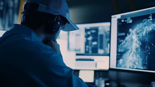 Offshore engineer analyzing seismic data for drilling location. Featuring data analysis