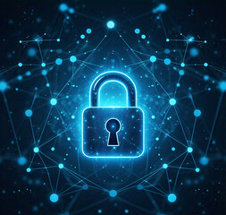  Illuminated Blue Padlock at the Center of a Digital Node Network: Representing Computer Security and Data Protection