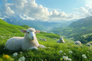 Fototapeta premium A group of sheep peacefully resting on a grassy hillside, with wide open fields and hills stretching out in the countryside