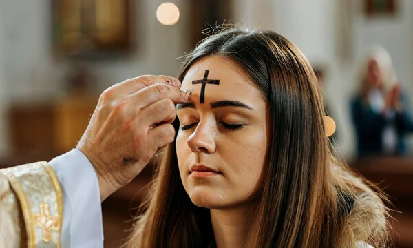 Young woman receives ash cross on her forehead during religious ceremony
