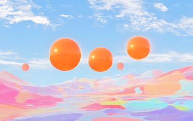 Surreal Orange Spheres Floating Above Pastel Landscape