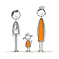 A simple, friendly illustration of a doctor, a nurse, and a happy child, embodying care and health.