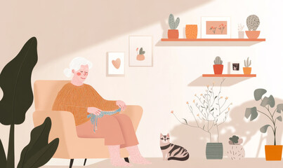 Illustration of a knitting in cozy home interior with cat and plants, style of a subtle grain, scratches