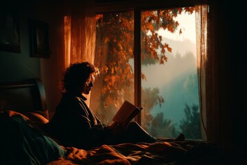 Obraz premium Person reads book near window with fall foliage, cozy light, resting in comfortable bed in shadowy room