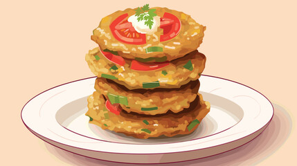Stack of crispy vegetable fritters with sour cream garnish on a white plate flat vector illustration