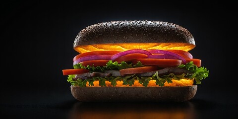 Glänzendes Burger-Sandwich mit schwarzem Sesambrötchen, Tomaten, Karottenstreifen, roten Zwiebeln und frischem Salat unter warmer Innenbeleuchtung