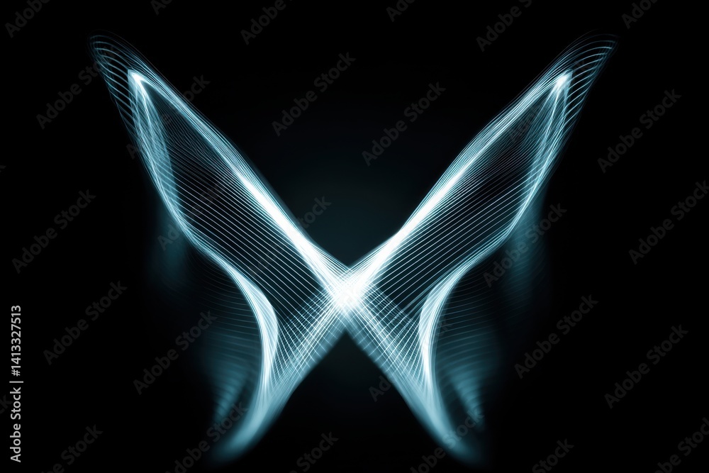 Poster A mesmerizing abstract design featuring glowing lines forming a symmetrical pattern against a stark black background, creating a futuristic and elegant visual effect.