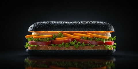 Extravagantes Sandwich mit schwarzem Brötchen, leuchtend buntem Gemüse, Salat und Tomaten – kunstvoll geschichtet für ein modernes Fooddesign vor dunklem Hintergrund