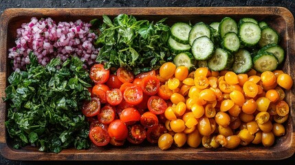 Bright and Fresh Vegetable Salad Ingredients Laid Out in Rustic Wooden Tray for Food Photography